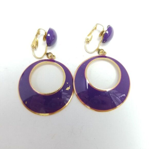 Vintage Purple Enamel Dangle Door Knocker Clip On Earrings, Retro 80s Style - Picture 5 of 6
